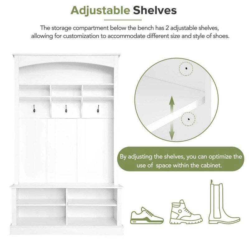 3-in-1 Entryway Hall Tree with Coat Hooks, Shoe Bench & Adjustable Storage Cabinet