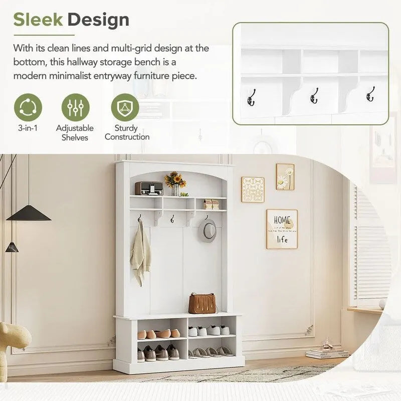3-in-1 Entryway Hall Tree with Coat Hooks, Shoe Bench & Adjustable Storage Cabinet