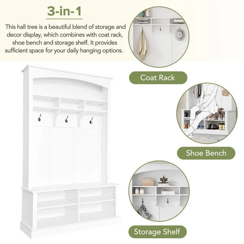 3-in-1 Entryway Hall Tree with Coat Hooks, Shoe Bench & Adjustable Storage Cabinet