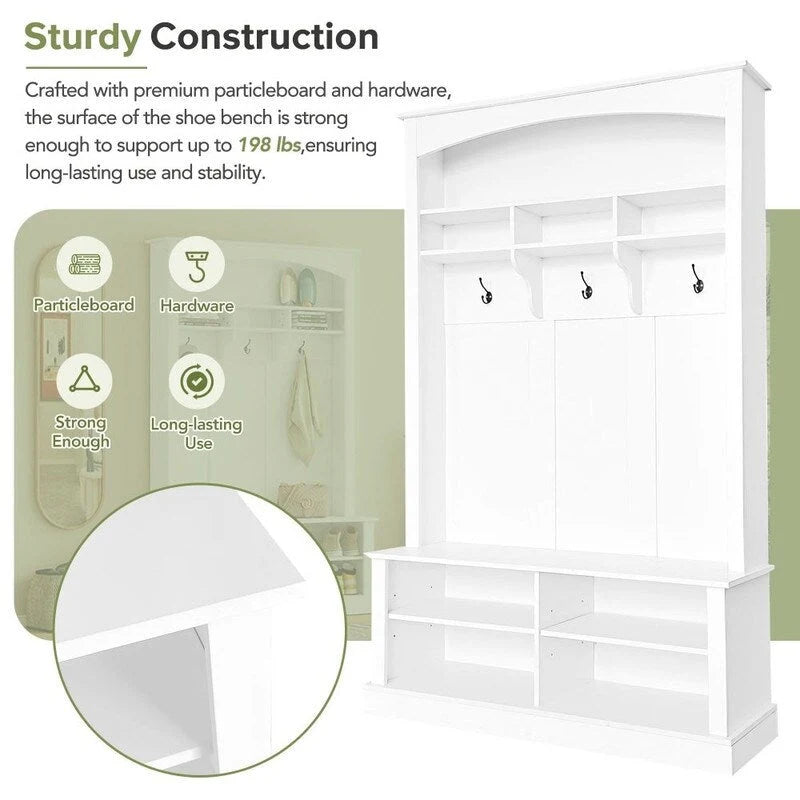 3-in-1 Entryway Hall Tree with Coat Hooks, Shoe Bench & Adjustable Storage Cabinet
