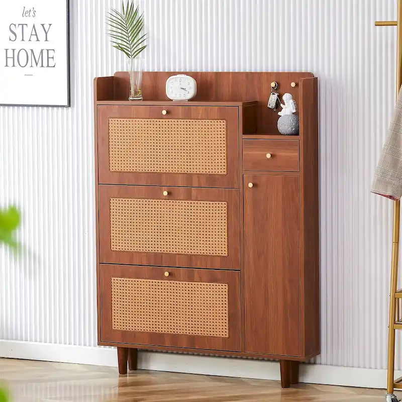 Japanese Rattan-Pattern Storage Shoe Bench - Entryway & Hallway Organizer