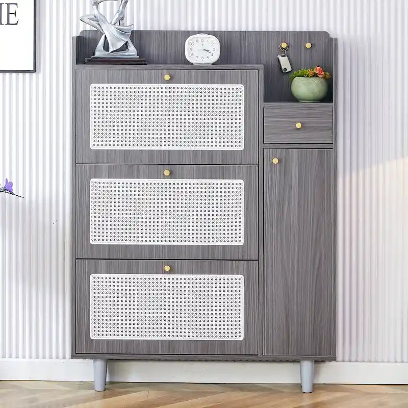 Japanese Rattan-Pattern Storage Shoe Bench - Entryway & Hallway Organizer