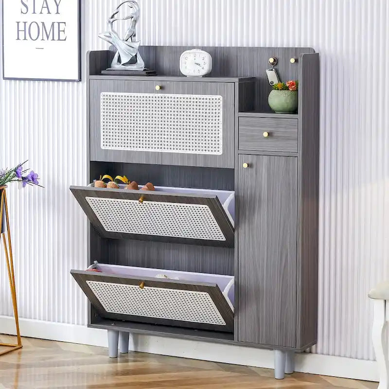 Japanese Rattan-Pattern Storage Shoe Bench - Entryway & Hallway Organizer