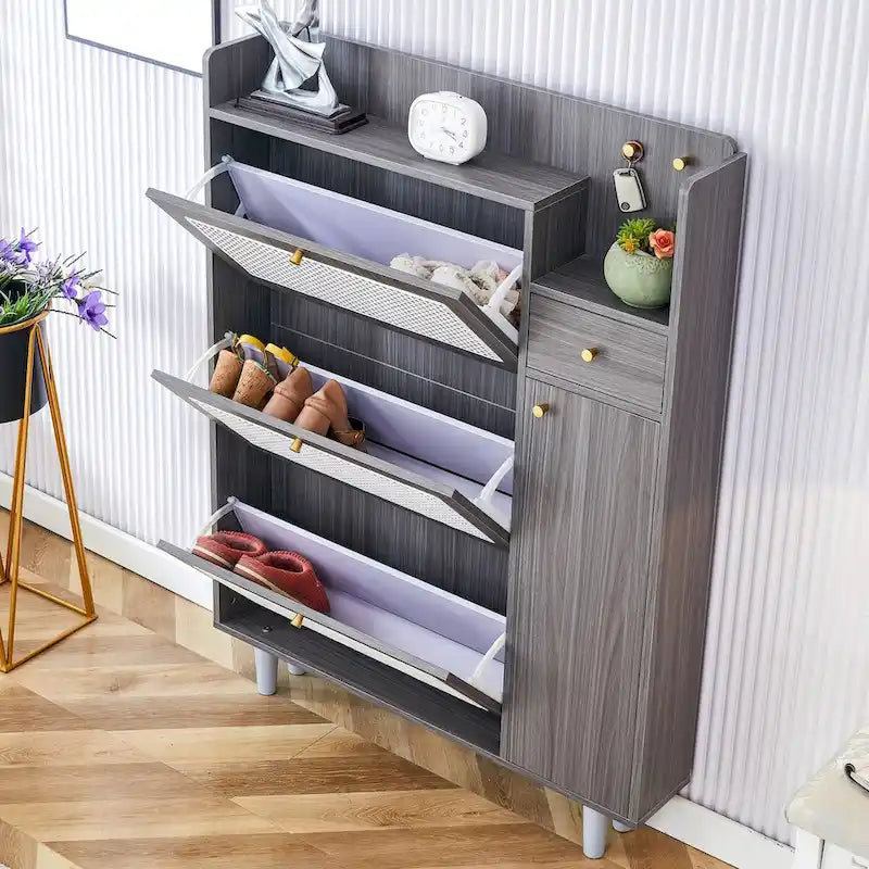 Japanese Rattan-Pattern Storage Shoe Bench - Entryway & Hallway Organizer