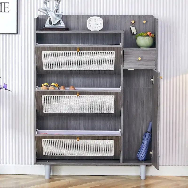 Japanese Rattan-Pattern Storage Shoe Bench - Entryway & Hallway Organizer