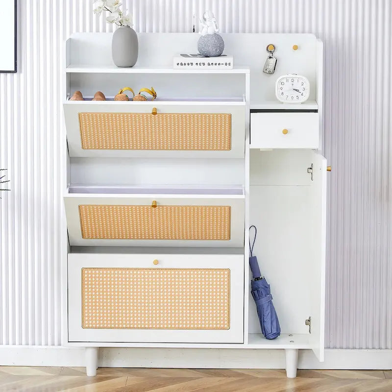 Japanese Rattan-Pattern Storage Shoe Bench - Entryway & Hallway Organizer