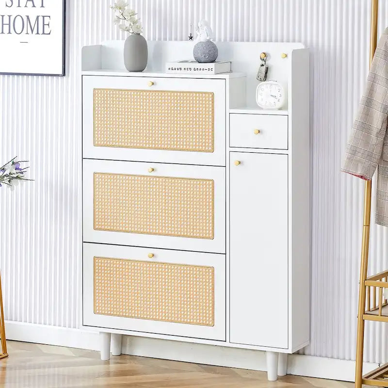 Japanese Rattan-Pattern Storage Shoe Bench - Entryway & Hallway Organizer