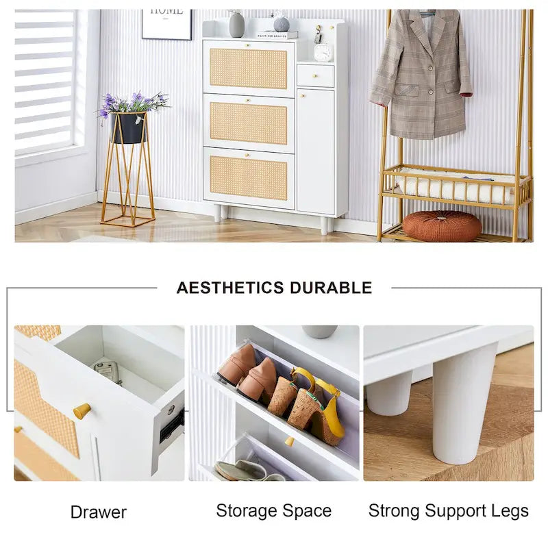 Japanese Rattan-Pattern Storage Shoe Bench - Entryway & Hallway Organizer