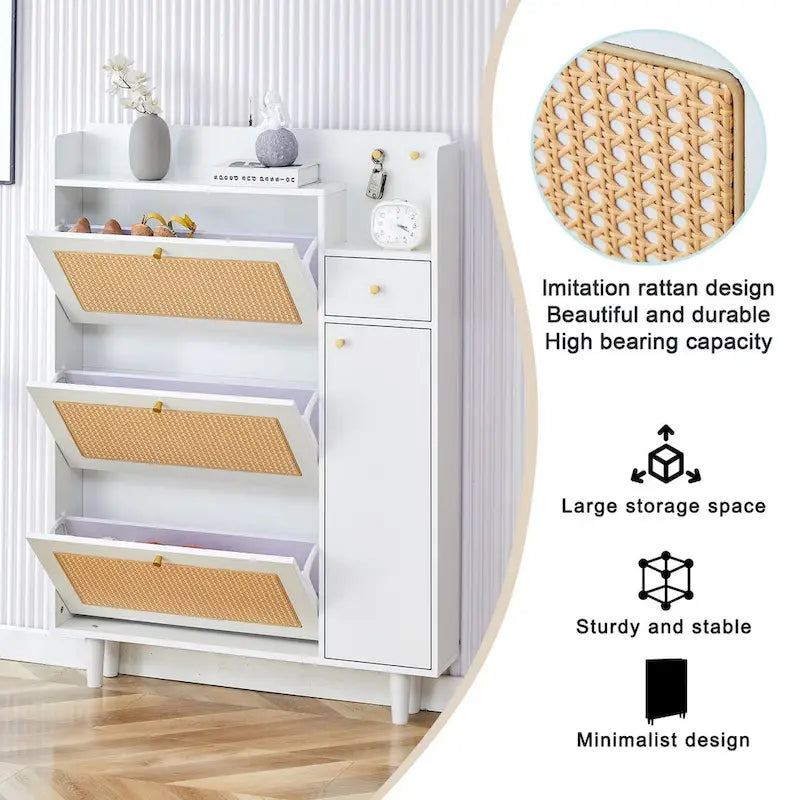 Japanese Rattan-Pattern Storage Shoe Bench - Entryway & Hallway Organizer