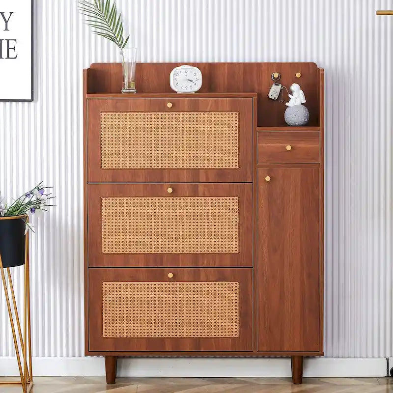 Japanese Rattan-Pattern Storage Shoe Bench - Entryway & Hallway Organizer