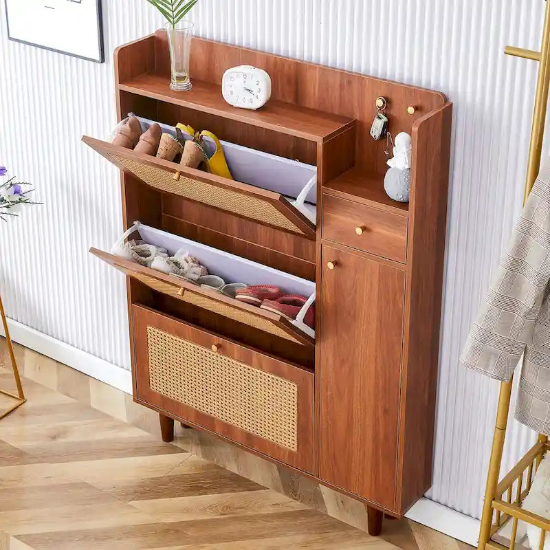Japanese Rattan-Pattern Storage Shoe Bench - Entryway & Hallway Organizer