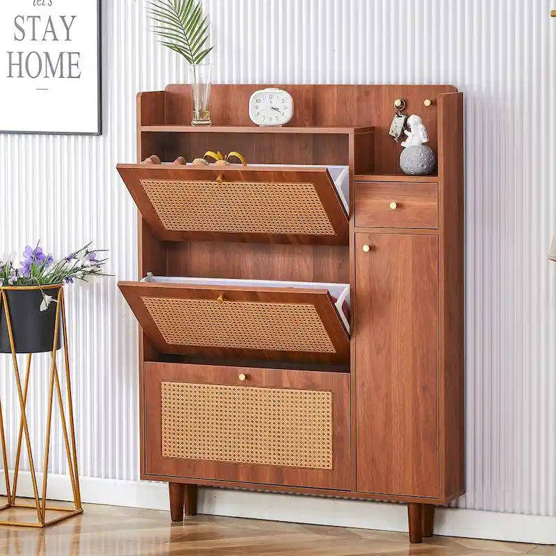 Japanese Rattan-Pattern Storage Shoe Bench - Entryway & Hallway Organizer