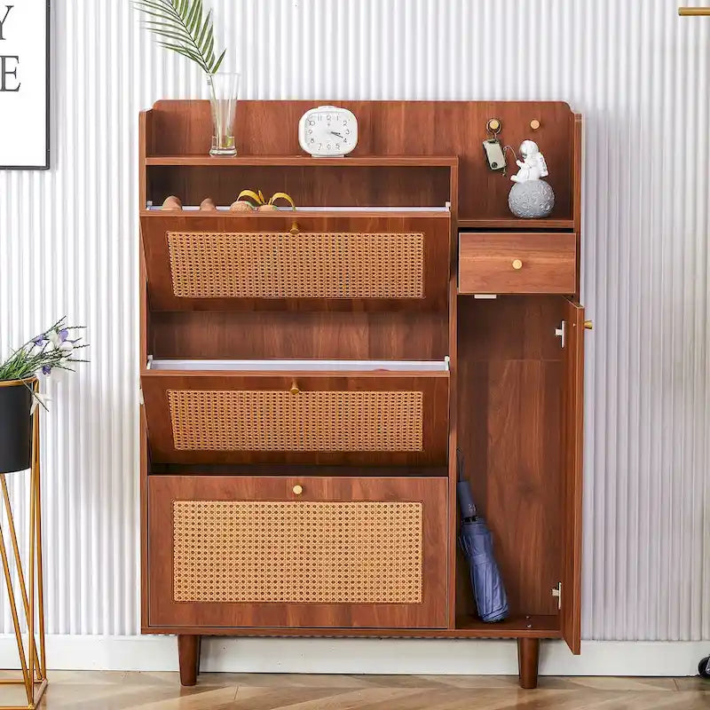Japanese Rattan-Pattern Storage Shoe Bench - Entryway & Hallway Organizer