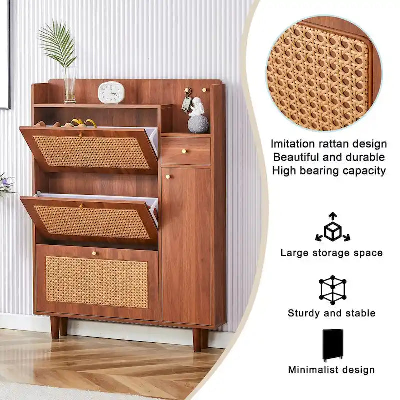 Japanese Rattan-Pattern Storage Shoe Bench - Entryway & Hallway Organizer