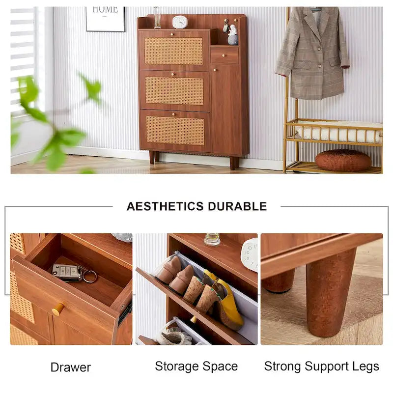 Japanese Rattan-Pattern Storage Shoe Bench - Entryway & Hallway Organizer