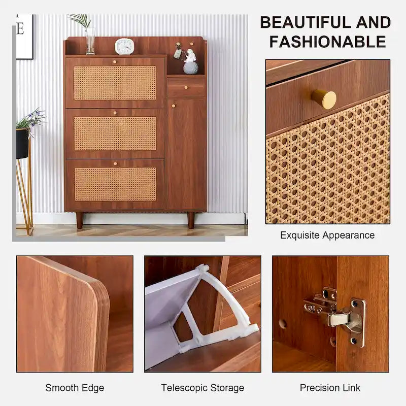 Japanese Rattan-Pattern Storage Shoe Bench - Entryway & Hallway Organizer
