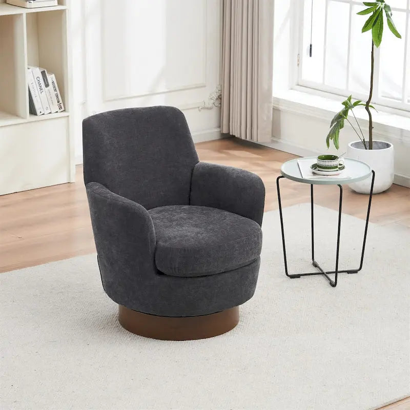 360° Swivel Barrel Accent Chair with Iron Swivel Base – Fabric Upholstered