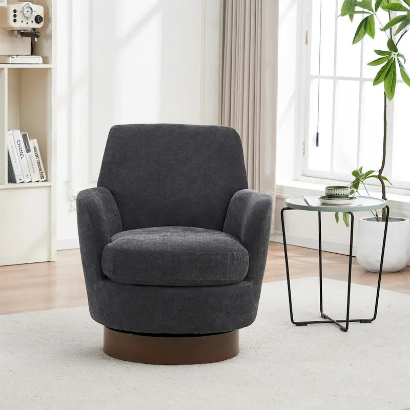 360° Swivel Barrel Accent Chair with Iron Swivel Base – Fabric Upholstered