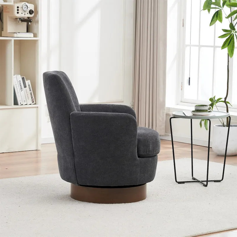 360° Swivel Barrel Accent Chair with Iron Swivel Base – Fabric Upholstered