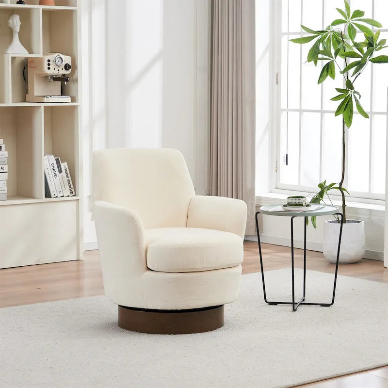 360° Swivel Barrel Accent Chair with Iron Swivel Base – Fabric Upholstered