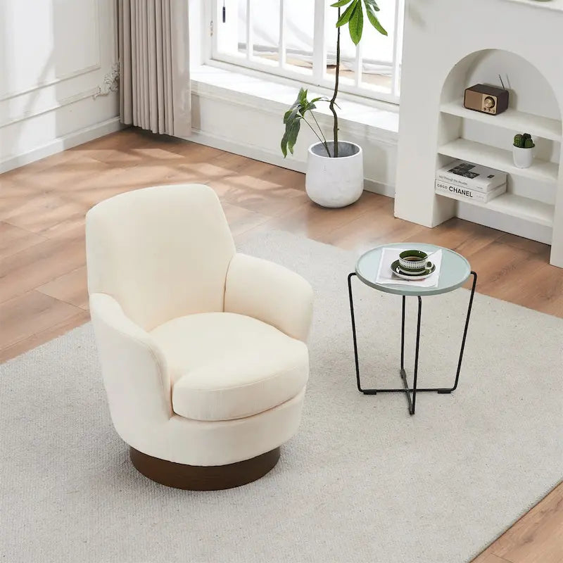 360° Swivel Barrel Accent Chair with Iron Swivel Base – Fabric Upholstered