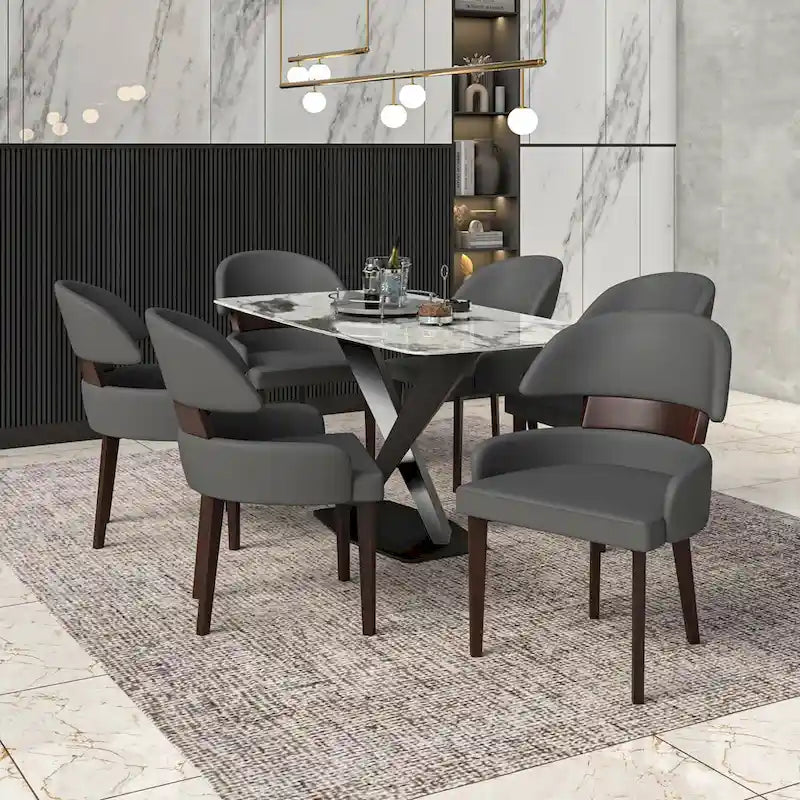 Curved Back Vegan Leather Dining Chair with Rubberwood Legs