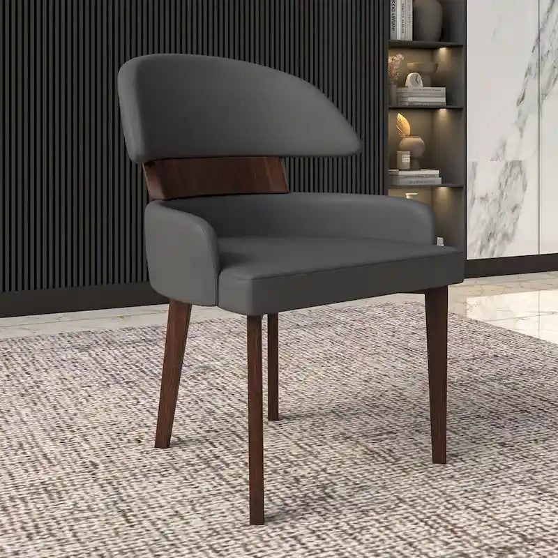 Curved Back Vegan Leather Dining Chair with Rubberwood Legs