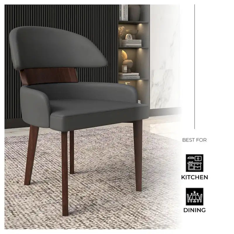 Curved Back Vegan Leather Dining Chair with Rubberwood Legs