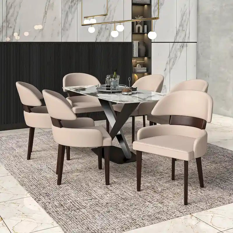 Curved Back Vegan Leather Dining Chair with Rubberwood Legs