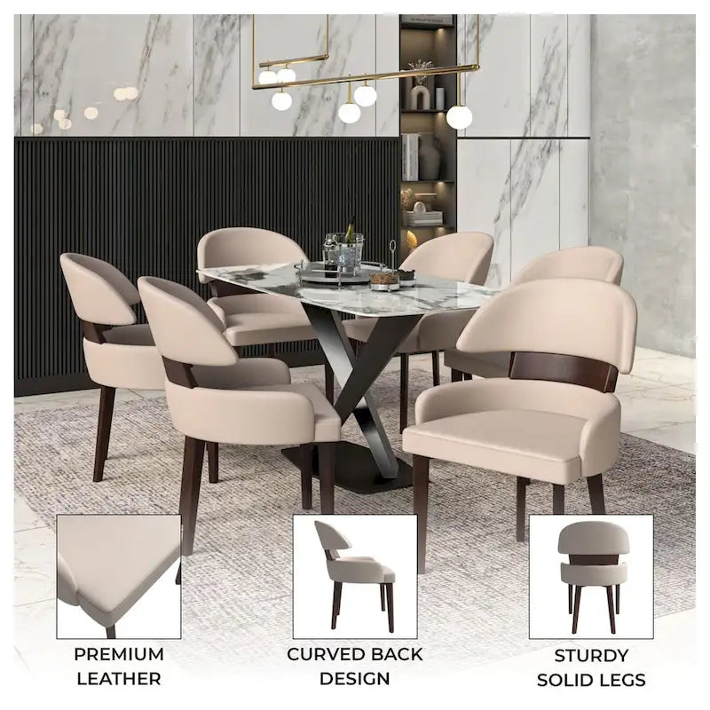 Curved Back Vegan Leather Dining Chair with Rubberwood Legs