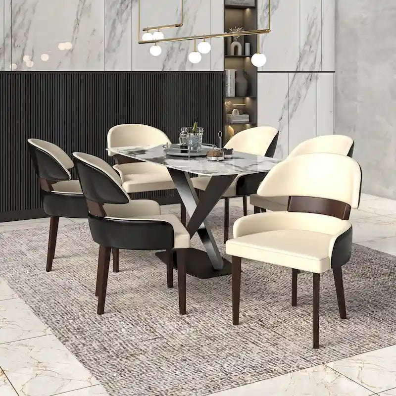 Curved Back Vegan Leather Dining Chair with Rubberwood Legs