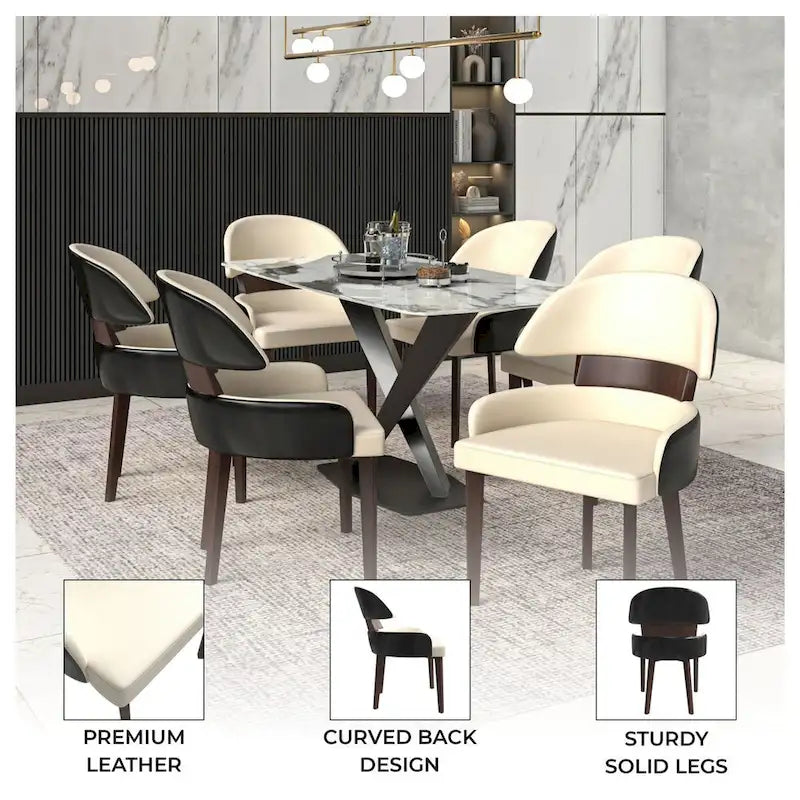 Curved Back Vegan Leather Dining Chair with Rubberwood Legs