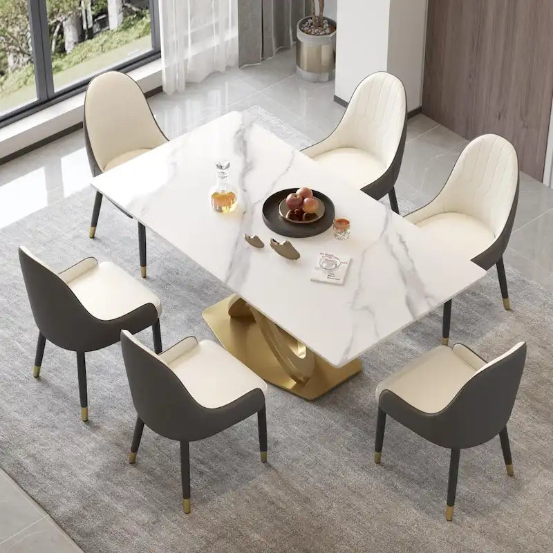 Sintered Stone Dining Table with Gold Stainless Steel Pedestal - 3 Sizes, Rounded Corners