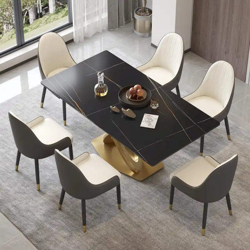 Sintered Stone Dining Table with Gold Stainless Steel Pedestal - 3 Sizes, Rounded Corners