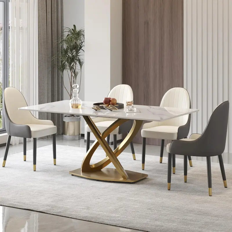 Sintered Stone Dining Table with Gold Stainless Steel Pedestal - 3 Sizes, Rounded Corners