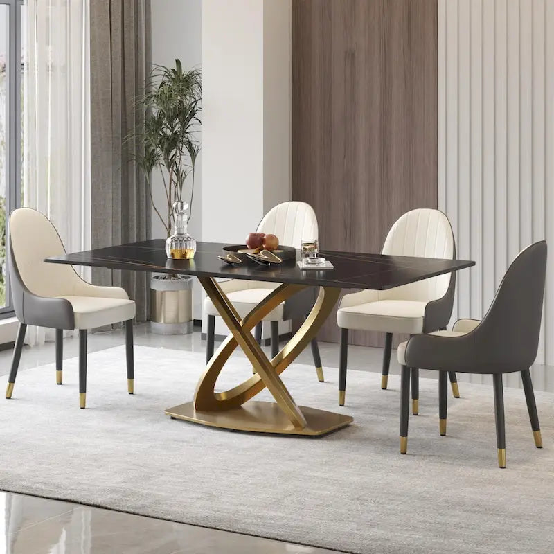 Sintered Stone Dining Table with Gold Stainless Steel Pedestal - 3 Sizes, Rounded Corners