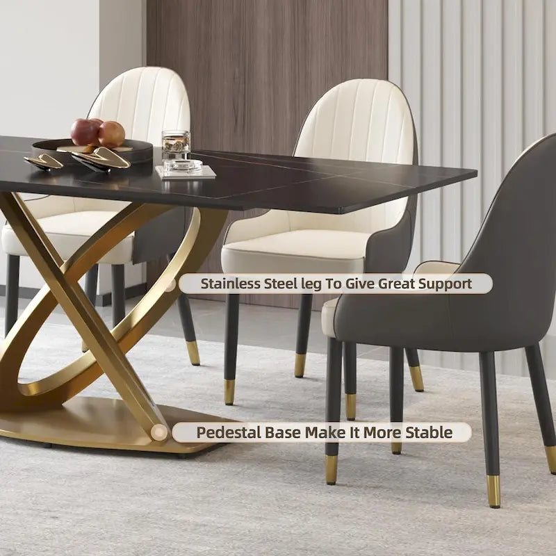 Sintered Stone Dining Table with Gold Stainless Steel Pedestal - 3 Sizes, Rounded Corners