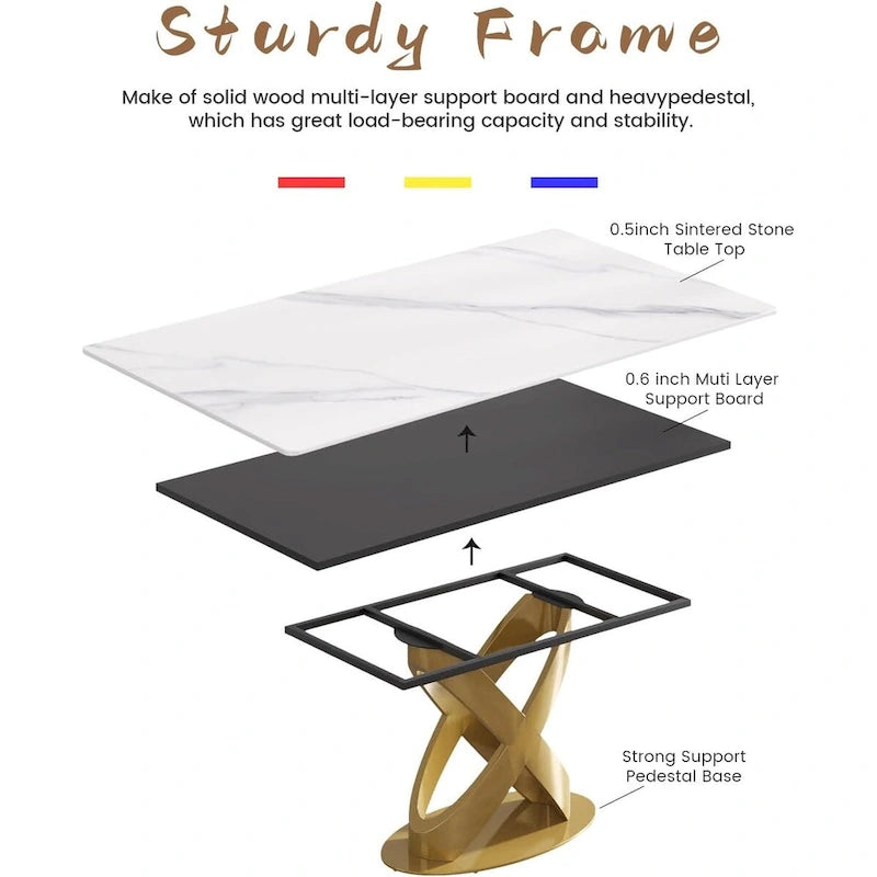 Sintered Stone Dining Table with Gold Stainless Steel Pedestal - 3 Sizes, Rounded Corners