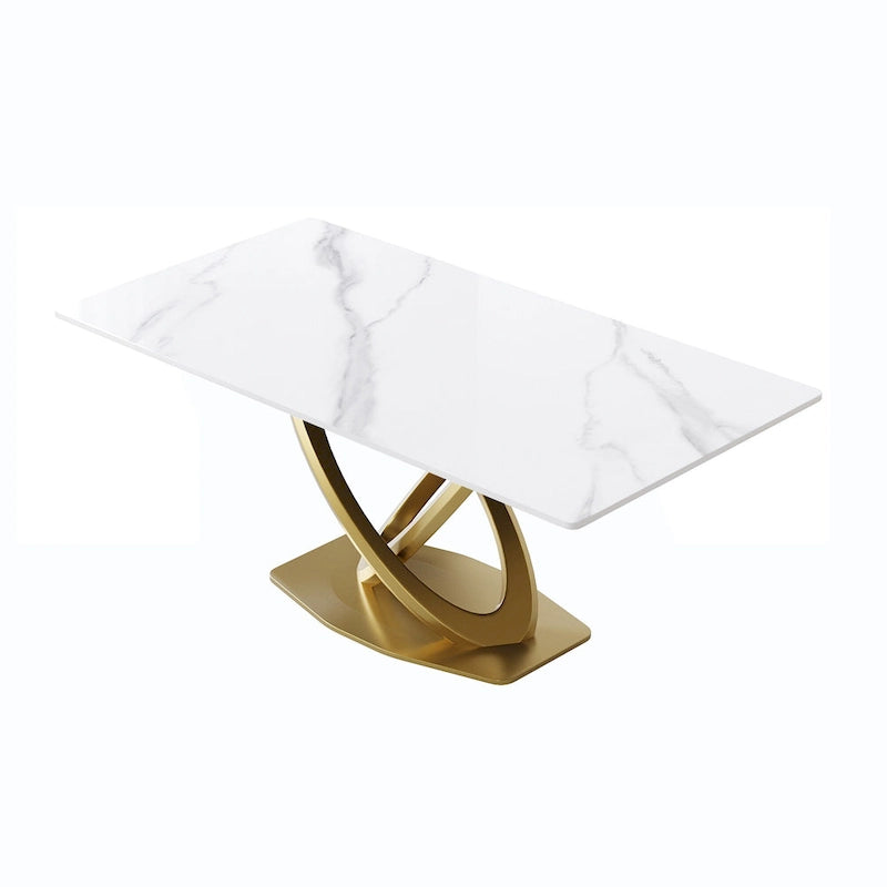 Sintered Stone Dining Table with Gold Stainless Steel Pedestal - 3 Sizes, Rounded Corners