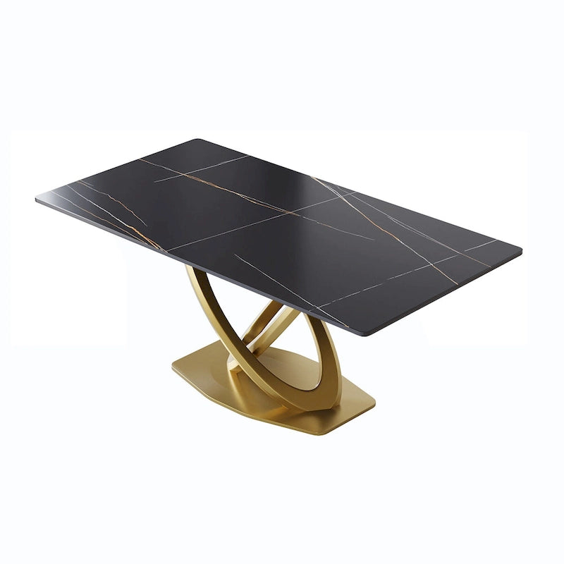 Sintered Stone Dining Table with Gold Stainless Steel Pedestal - 3 Sizes, Rounded Corners