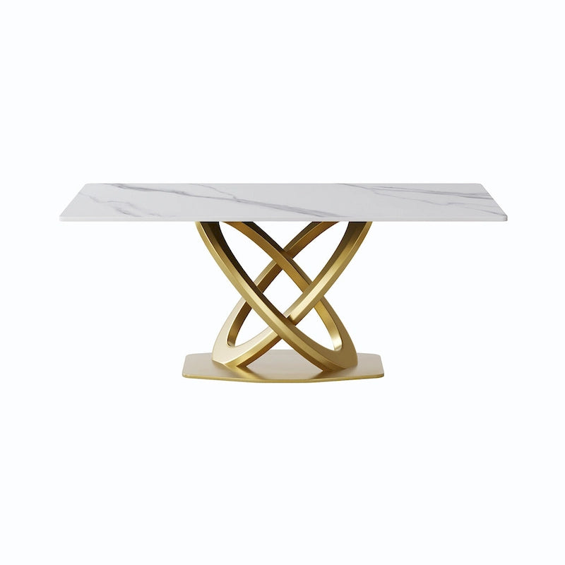 Sintered Stone Dining Table with Gold Stainless Steel Pedestal - 3 Sizes, Rounded Corners