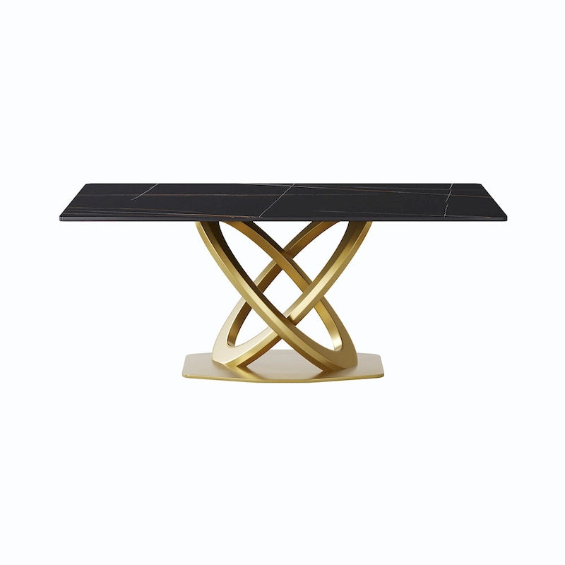 Sintered Stone Dining Table with Gold Stainless Steel Pedestal - 3 Sizes, Rounded Corners