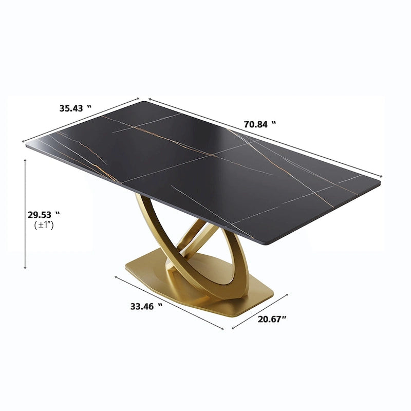 Sintered Stone Dining Table with Gold Stainless Steel Pedestal - 3 Sizes, Rounded Corners