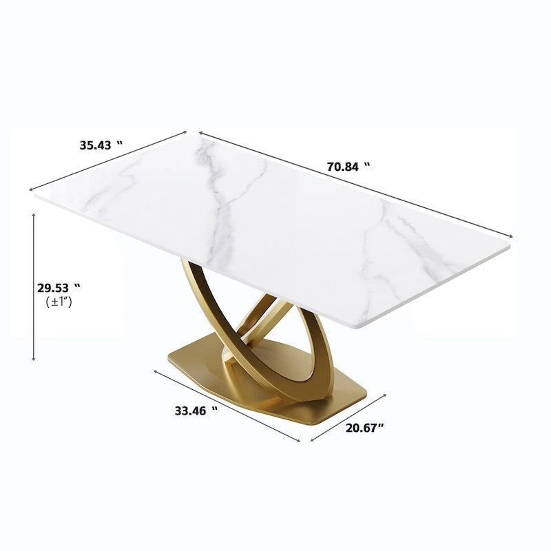 Sintered Stone Dining Table with Gold Stainless Steel Pedestal - 3 Sizes, Rounded Corners