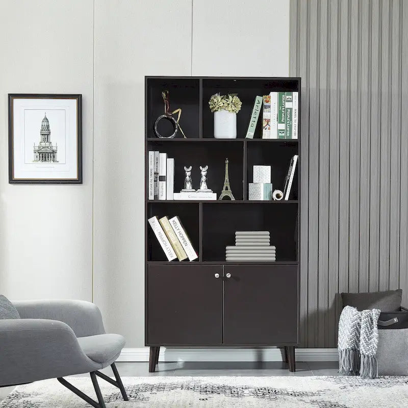 5-Tier Bookcase with 2 Cabinet Doors – Open Shelves & Closed Storage