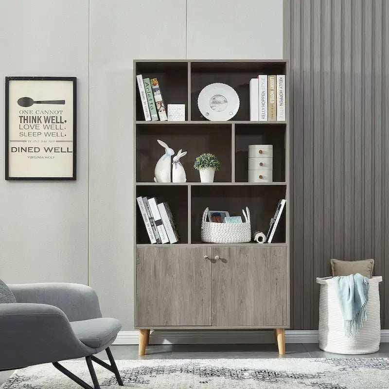5-Tier Bookcase with 2 Cabinet Doors – Open Shelves & Closed Storage