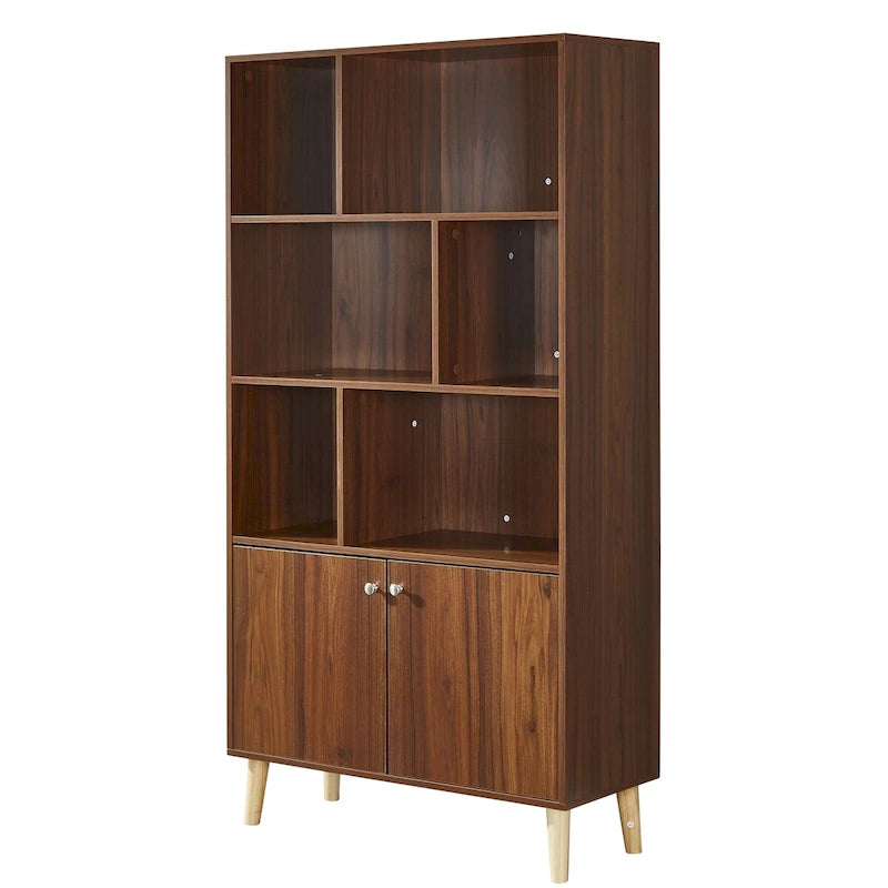 5-Tier Bookcase with 2 Cabinet Doors – Open Shelves & Closed Storage
