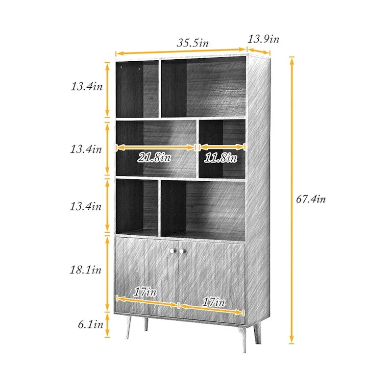 5-Tier Bookcase with 2 Cabinet Doors – Open Shelves & Closed Storage