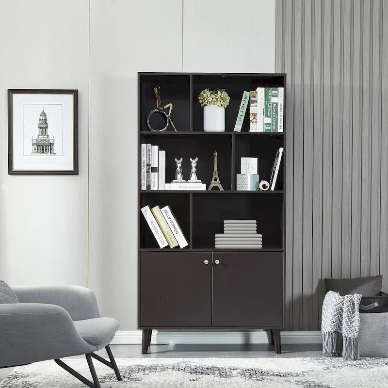 5-Tier Bookcase with 2 Cabinet Doors – Open Shelves & Closed Storage