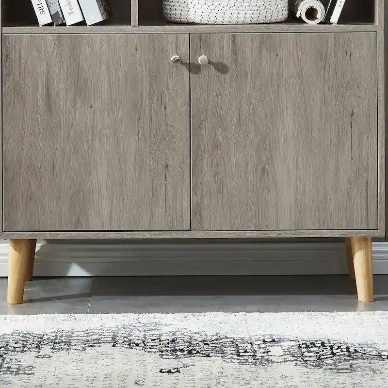 5-Tier Bookcase with 2 Cabinet Doors – Open Shelves & Closed Storage